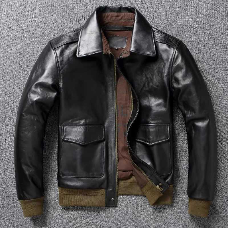 A2 Mens Bomber Jacket Tea Core Horse Leather Cutting Motorcycle Jacket Natural Leather Loose Jacket Military Mens Leather JacketW240711