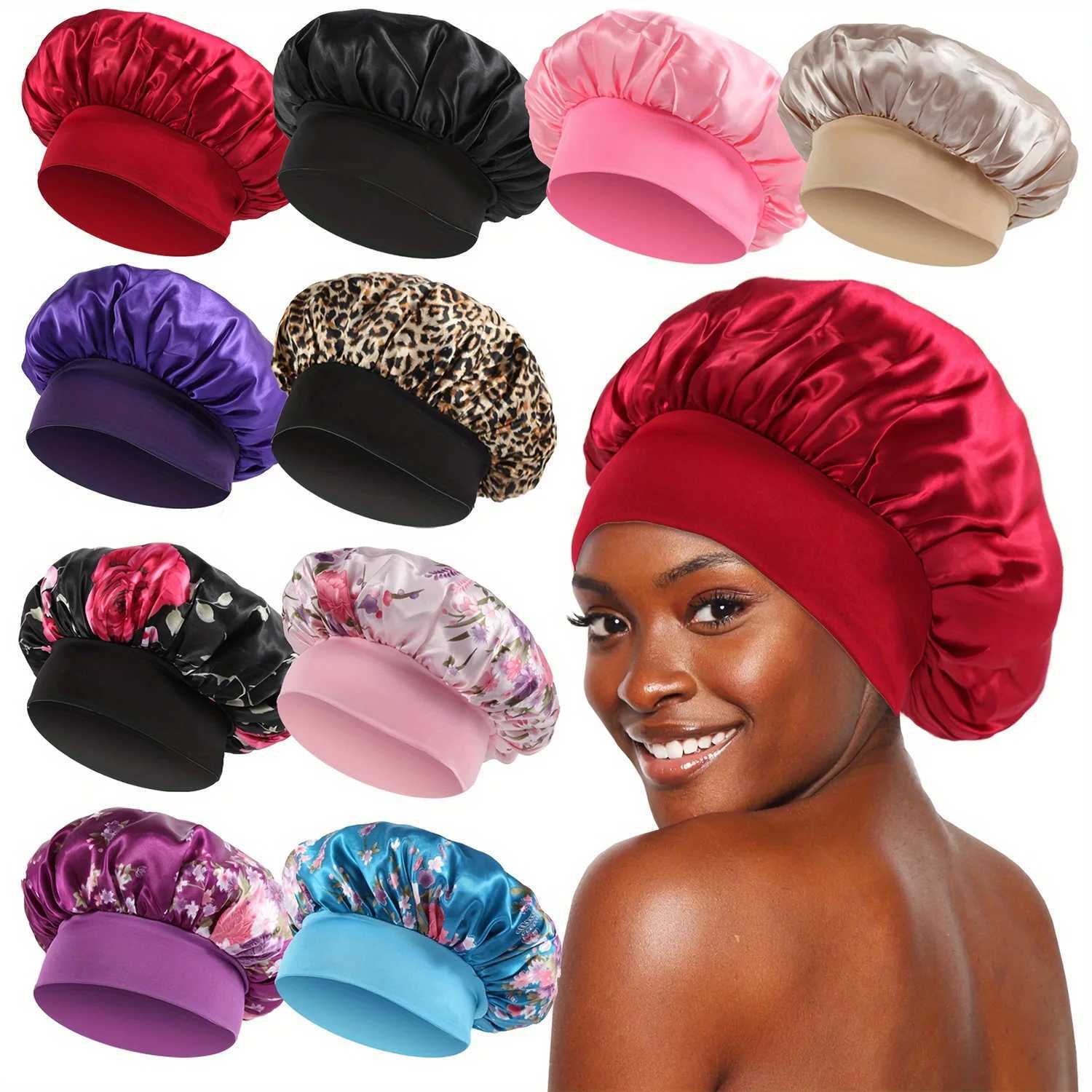 10 pièces pour femmes chapeau satin élastique haut débit nocturne chapeau couleurs solides imprimées en soie douce set de beauté salon coiffure C