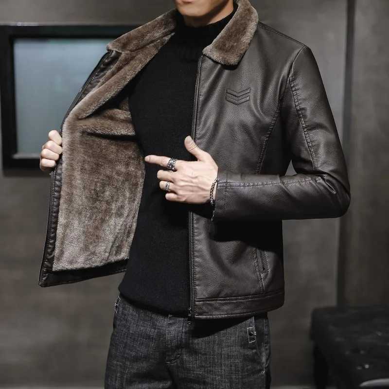 New mens leather jacket with autumn and winter collar for middle-aged and elderly mens clothing featuring thick velvet and trend W241113