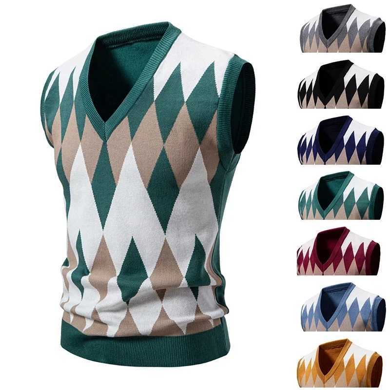 New Knitted Lace Mens Fashion Embroidery Color Matching V-neck Sleeveless Sweater Casual Lining Tank Top Mens Top W241113