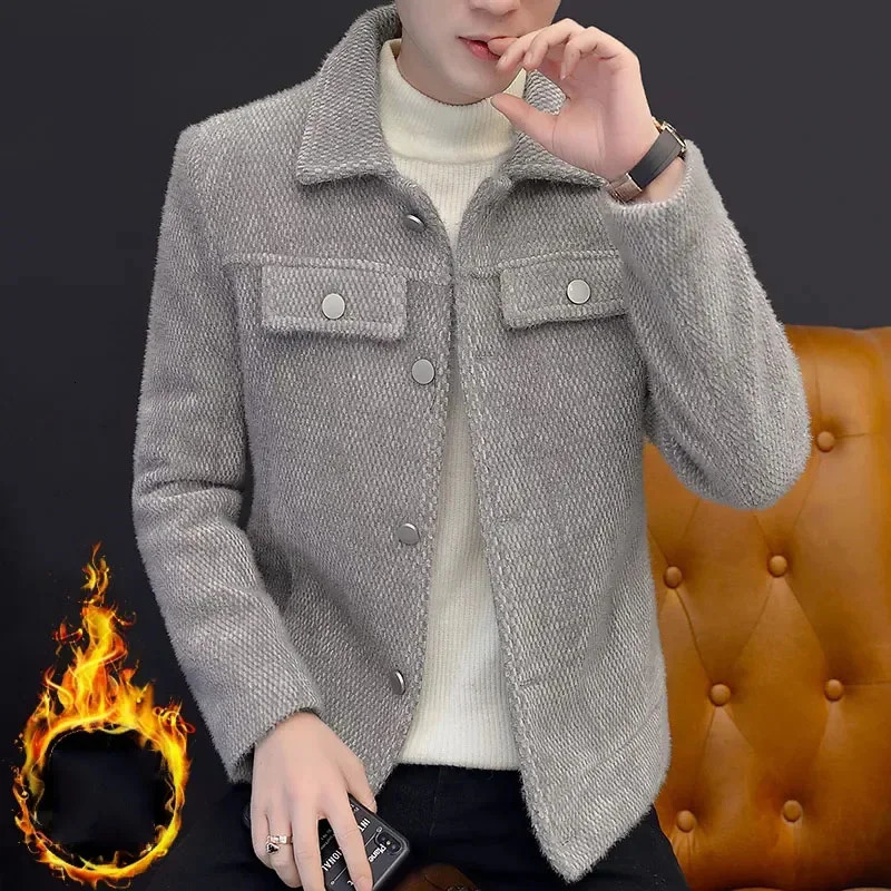 2023 Autumn Winter Woolen Coat Men Thick Warm Coats Mens Lapel Pure Color Casual Fashion Jackets Overcoat 241108