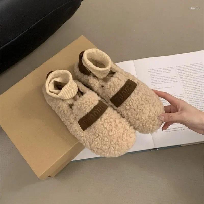 Chaussures décontractées 2024 Designer de luxe en métal boucle ceinture en peluche plates mors de coton chaud coton furly mouton mary janes winte