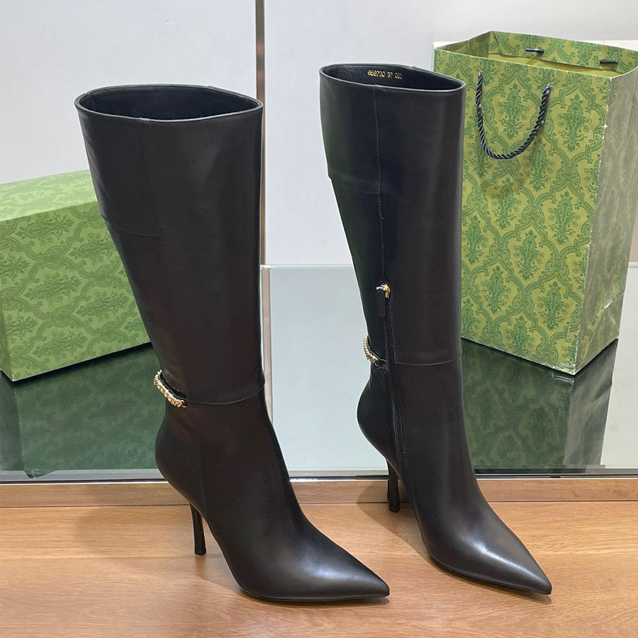 Bottes de mode de qualité supérieure chaîne talons hauts et bottes de genou bottes knight zipper chaton talons longs talons