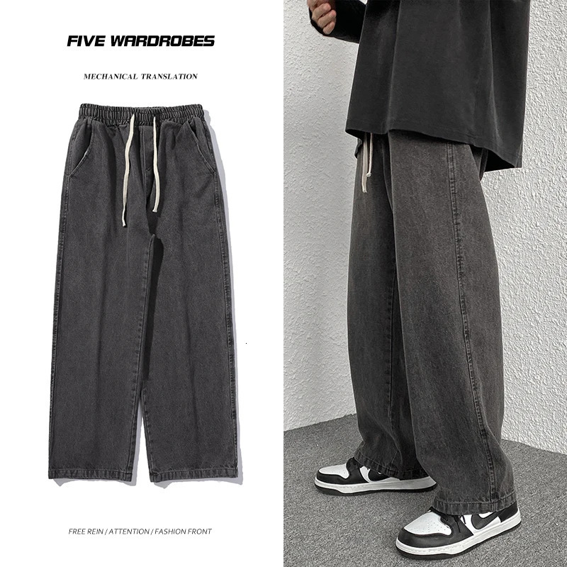 Oversized 5XL Mens Wideleg Jeans Spring Black Gray Fashion Baggy Streetwear Pants Casual Simple Straight Denim Trousers 241113