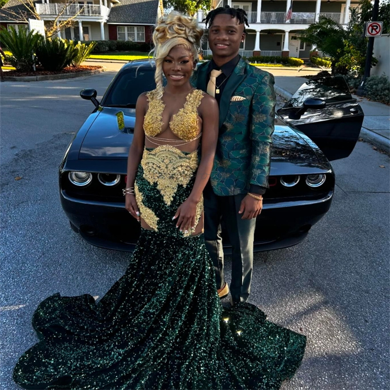 Robe de soirée africaine à paillettes vertes avec applications en or Voir à travers les robes de bal de sirène pour les femmes noires Occasion d'