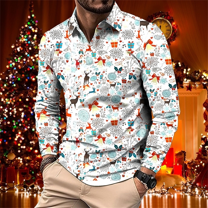 Autumn and Winter fashion Mens Christmas party limited digital print casual large size lapel long sleeve POLO shirt 241113