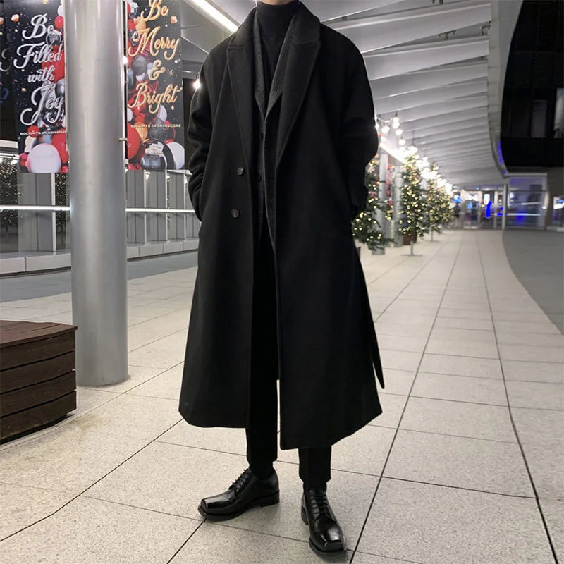 Winter Thickened Woolen Coat Men Warm Fashion Casual Long Korean Loose Oversized Belt Mens Overcoat 241107Z