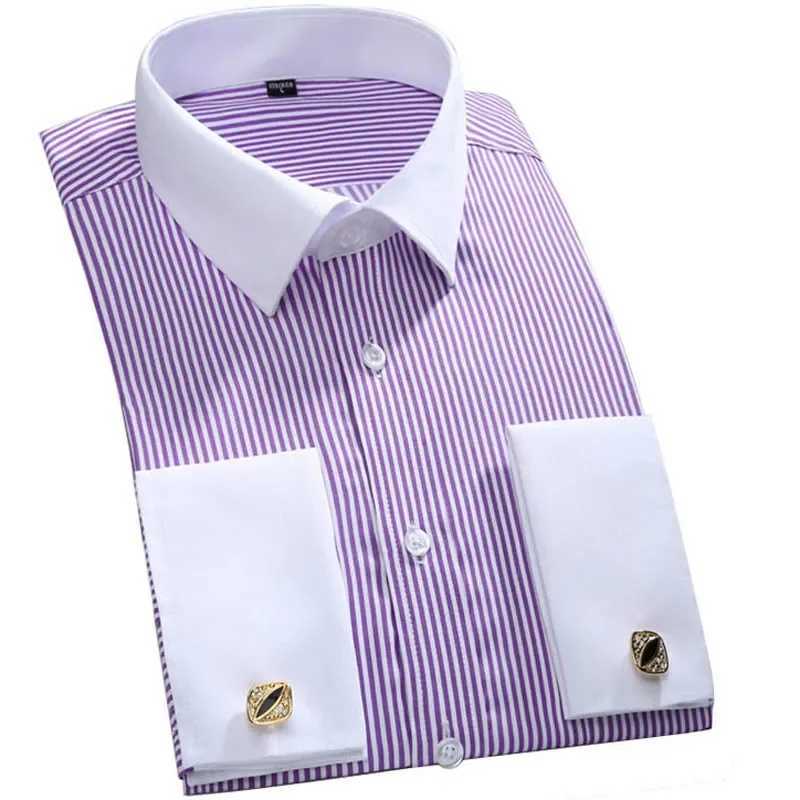Quality Gentle Formal Mens French Cuff Dress Shirt Men Long Sleeve Solid Striped Style Mens Shirts Cufflink Include Plus SizeXJ24113