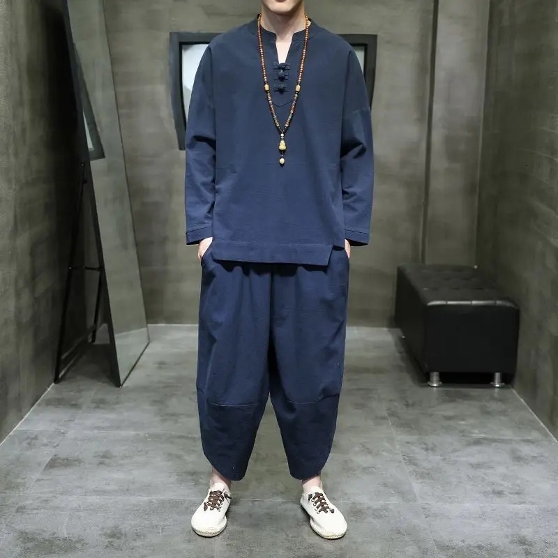 Mens Linen Tshirt Suit Chinese Style Vintage Hanfu Zen Serve Tea Cotton Clothes Casual Summer Outfits 241113