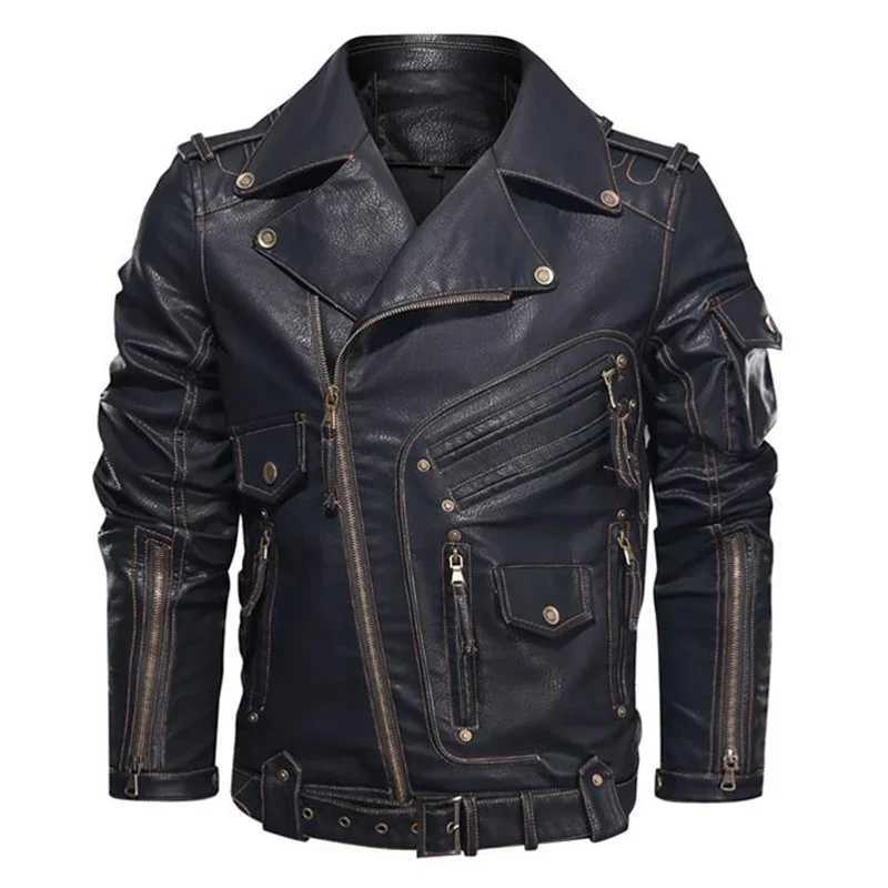 High quality motorcycle PU leather jacket mens cool zipper pocket leather jacket plus size winter mens new leather jacket mens W241113