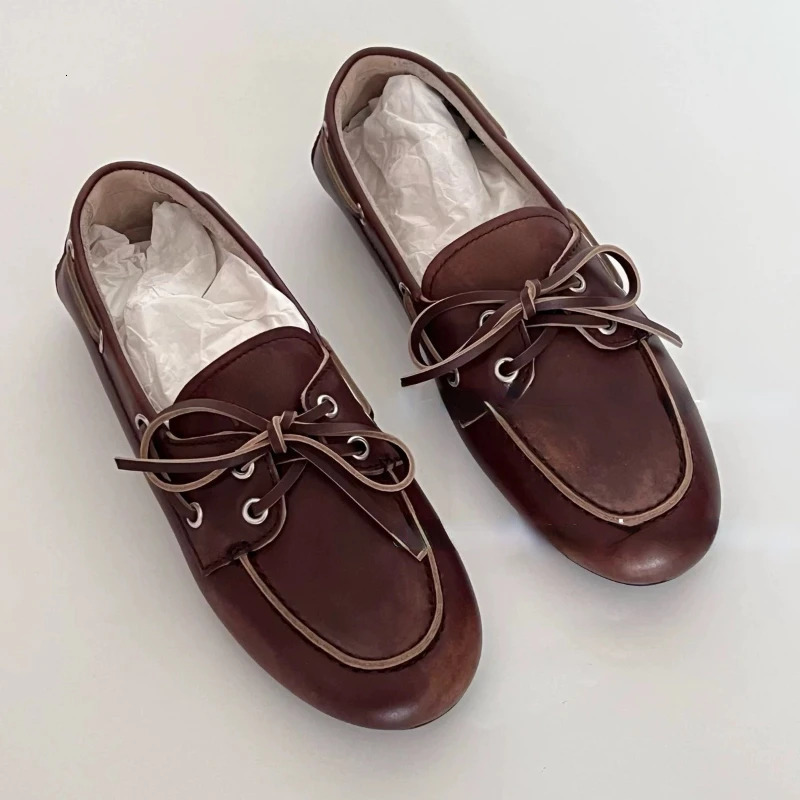 Womens Loafers 2024 autumn and winter bow shallow mouth sailing shoes casual retro brown laceup flat 241113