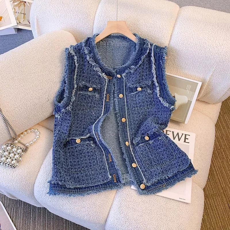 Womens Spring and Autumn Sleeveless Vest Coat perfume Fur Edge Denim Vest 241111