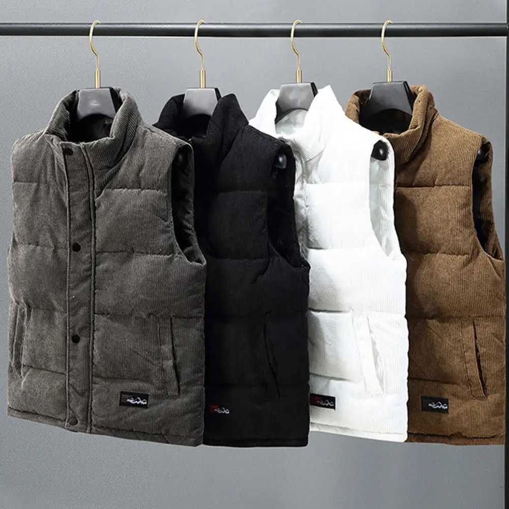 Mens sleeveless jacket mens winter windproof pad vest jacket with stand up collar pocket thick sleeveless cardigan for warmth W241113