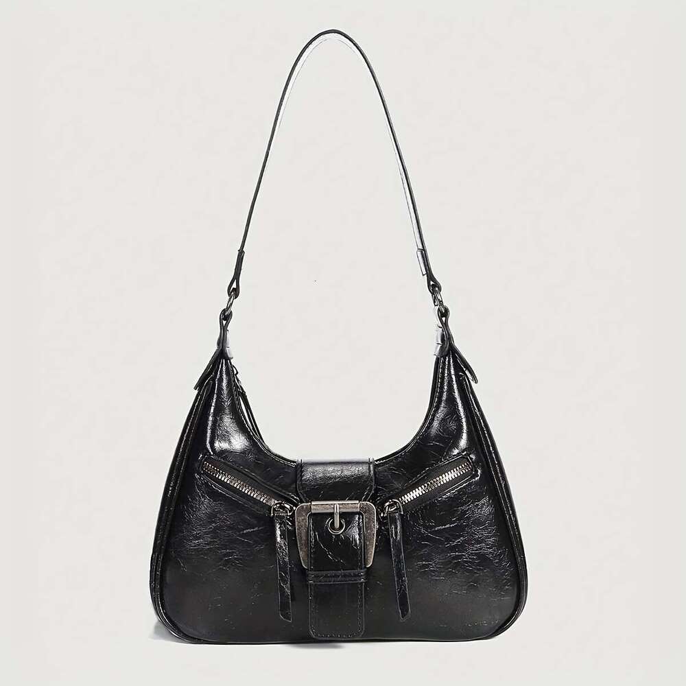 Y2K Punk Style Black Crescent Shoulder Bag for Women Vintage Motorcycle Underarm Purse with Magnetic Closure Waterproof Faux Leather