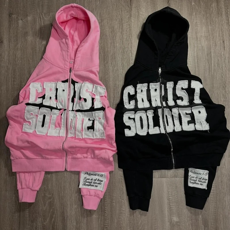Y2K Harajuku Fashion Lettre surdimensionnée Broidered Zipper Sweat à capuche Femme Streetwear Vintage Hip Hop Pop Rock College Pull 241114