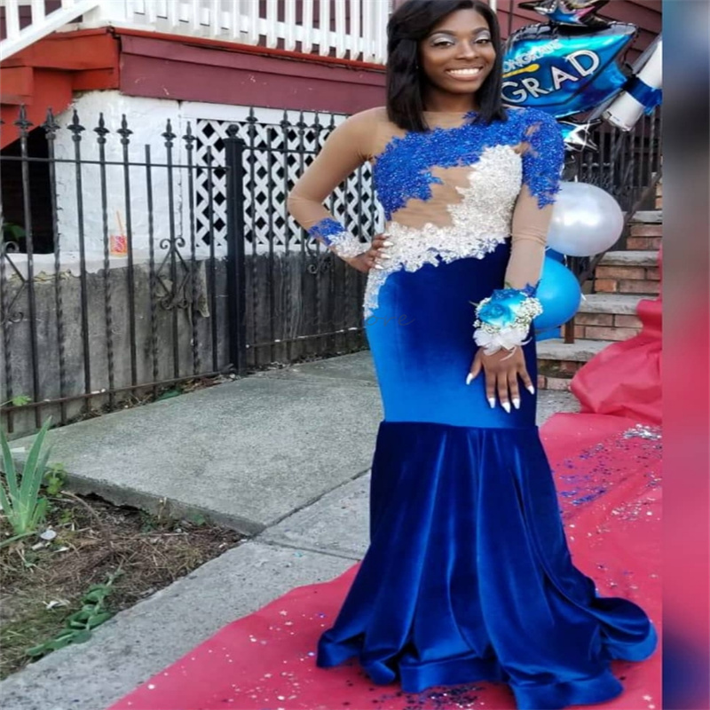 Robes de soirée bleu et blanc royal avec des appliques élégantes sirène élégante manches longues filles noires robe de bal vestide vestidos de no