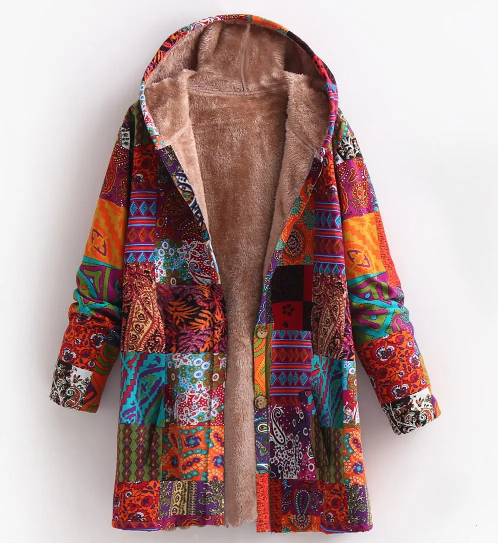Womens Floral Jacket Large Size Warm Plush Retro Oversized Hooded Coats and Zip Coat 241113