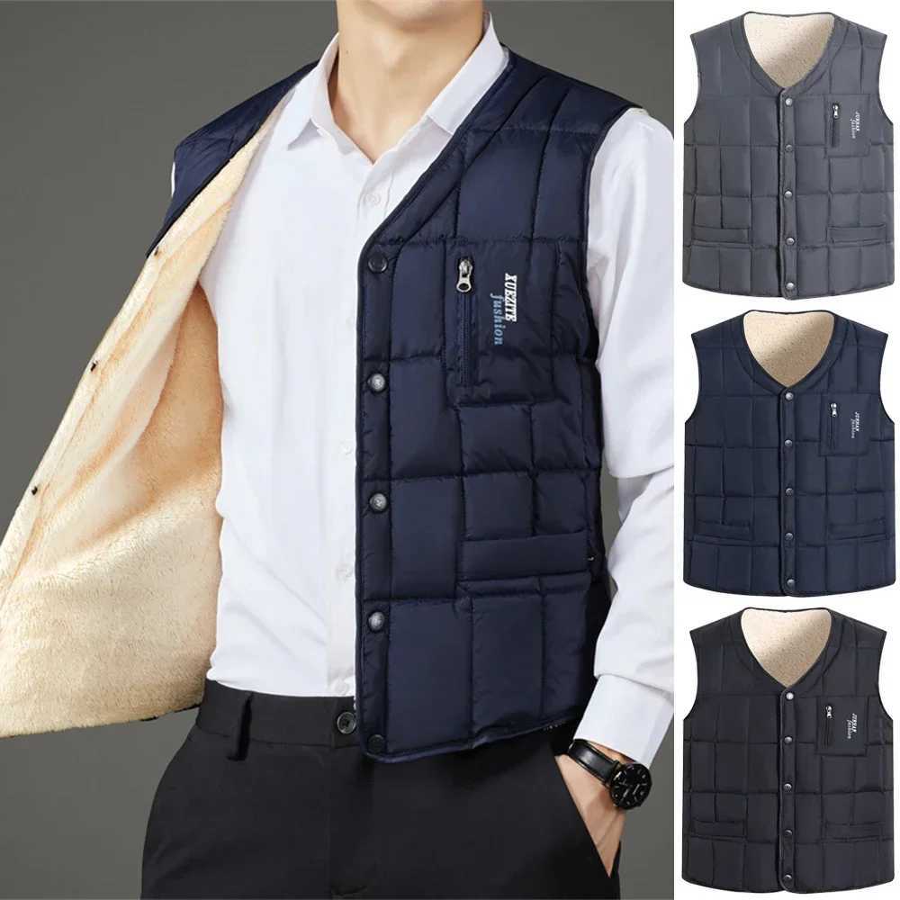 Hiver hommes gilet décontracté rembourré en peluche simple boutonnage sans manches veste d'hiver mode col en v chaud pêche gilet vêtements LX2411