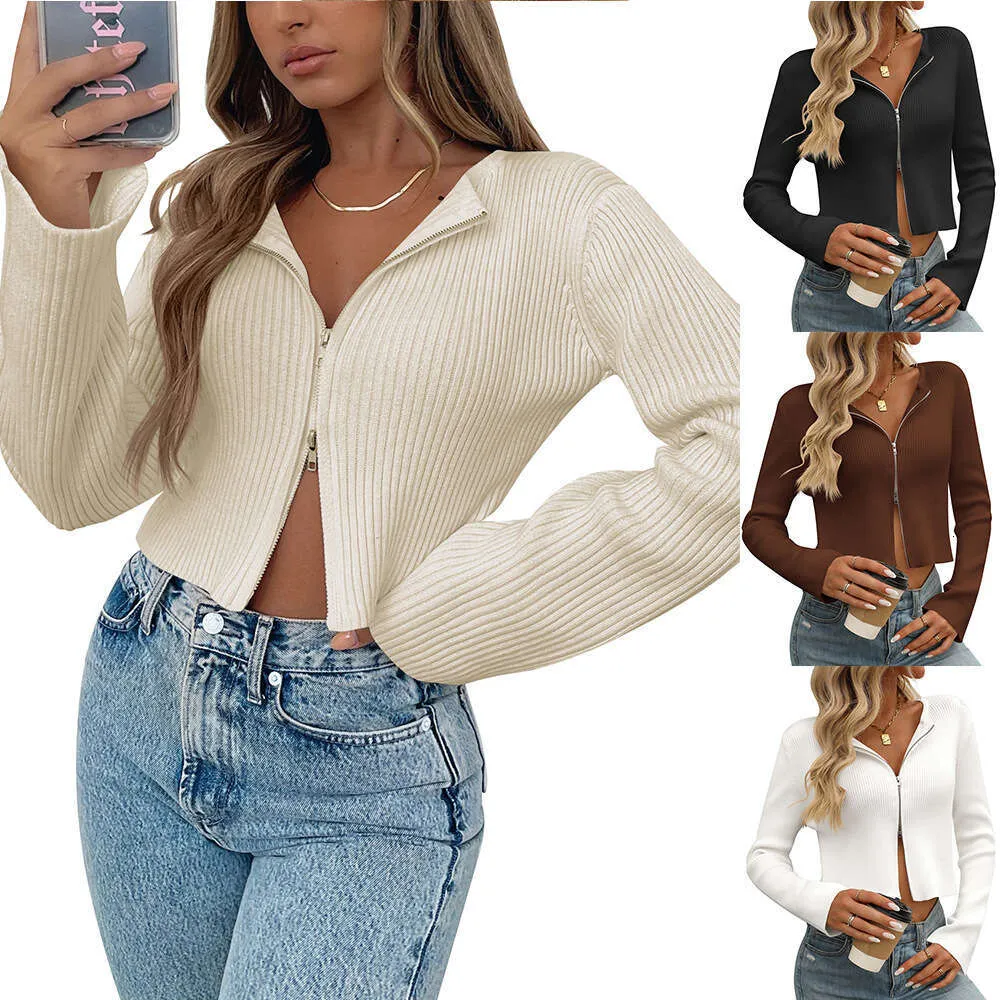 autumn and winter new clothing women's spicy girl solid color long sleeved zipper cardigan sweater