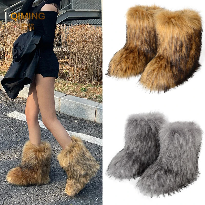 Womens artificial fur leather boots in winter fluffy and warm mid calf snow boots ious and fashionable fur leather boots comfortable outdoor flat