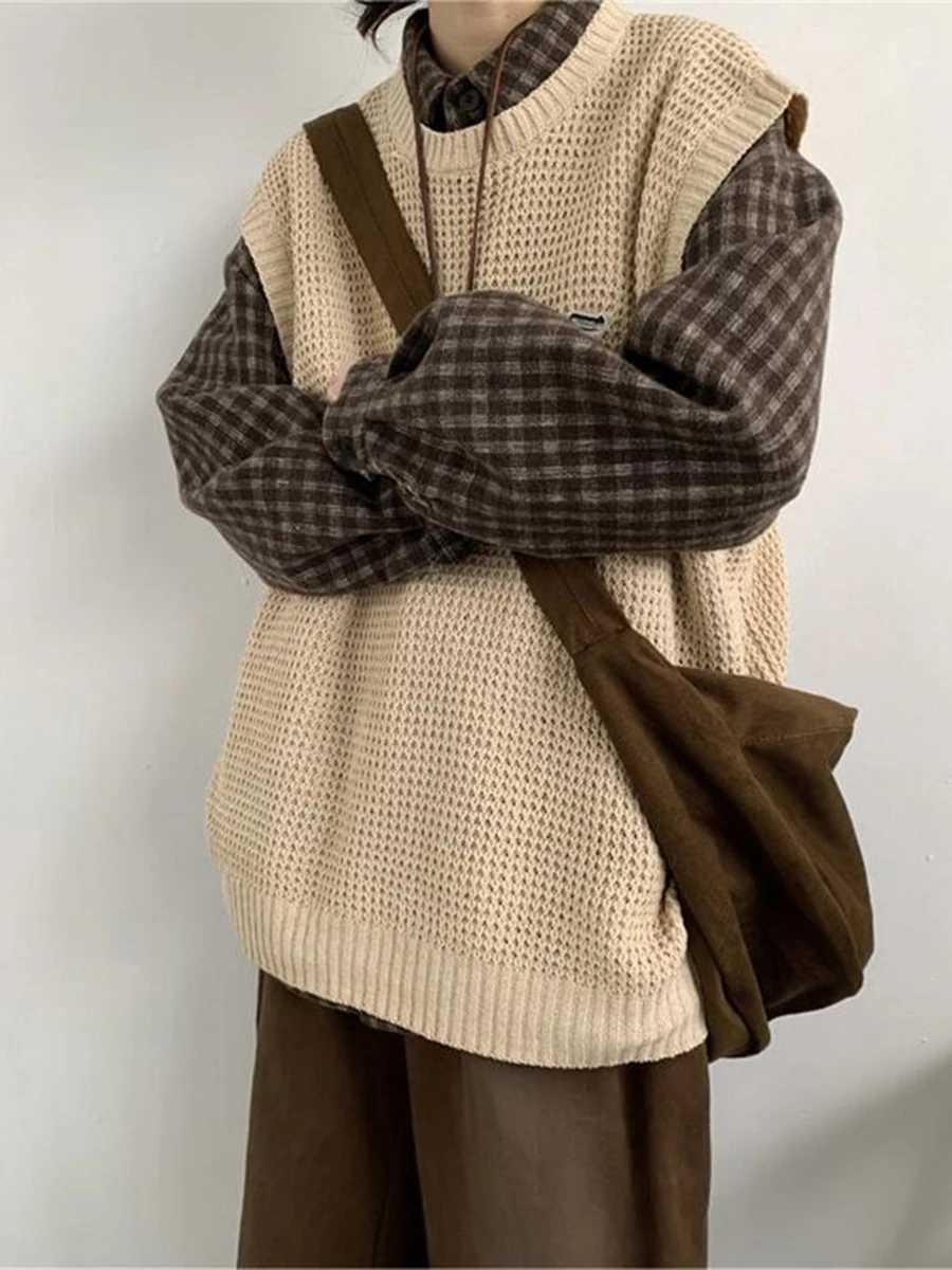 Mens Autumn Retro O-neck Knitted Tank Top Mens Extra Large Loose Drawstring Waist Coat Mens Solid Sweater Sleeveless Top K460 W241113