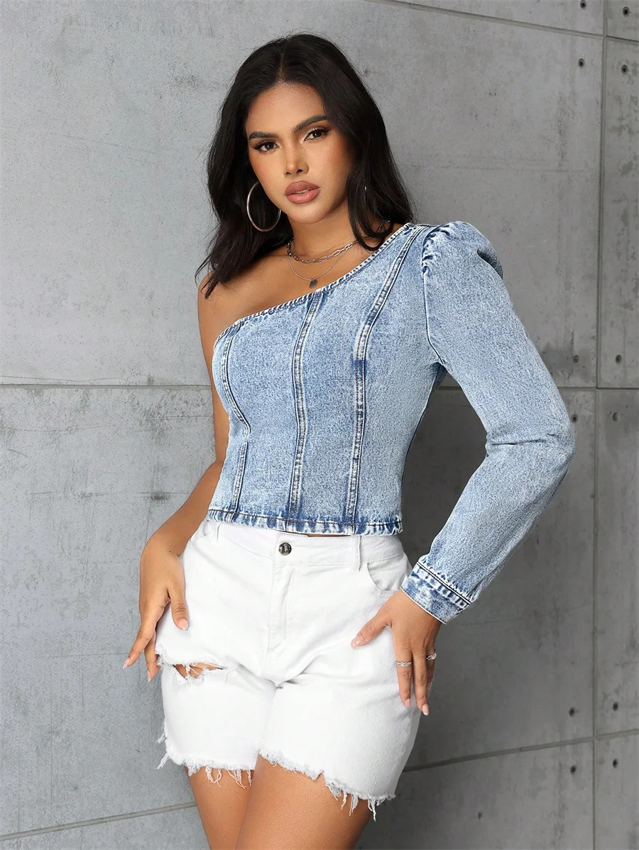 Benuynffy Sexy One Shoulder Crop Denim Top Womens Autumn Spring Fashion Long Sleeve Streetwear Party Side Zipper Jean Blouses 241108