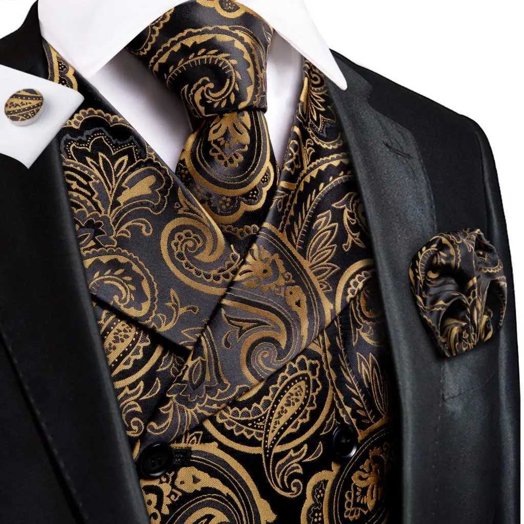 Hi-Tie Gold Black Paisley Floral Silk Men Slim Waistcoat Coldie Set pour le costume Robe Wedding 4pcs Vest Coldie