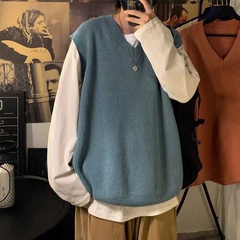 Knitted sweater mens sleeveless mens clothing solid color vest V-neck blue plus size street Korean fashion jumper W241113