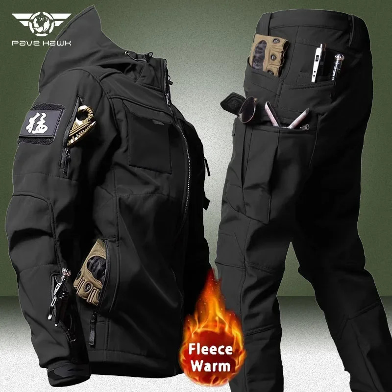 Military Soft Shell Sets Men Waterproof Hooded Tactical JacketsMultipocket Cargo Pants 2 Pcs Suits Winter Fleece Warm Army Set 241111