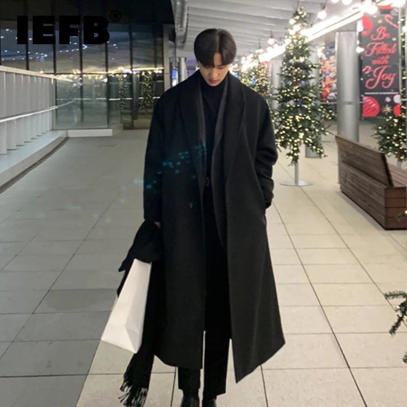 IEFB Korean Trend Mens Loose Casual Singlebreasted Overcoat Autumn Winter Fashion Long Sleeve Woolen Coat 9D1655 241107Z