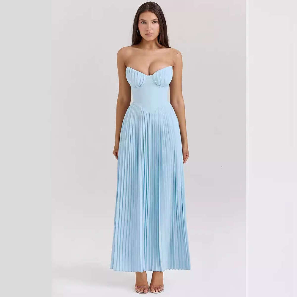 2024 Summer Fashionable and Elegant Sleeveless Pleated Strapless Dress Solid Floral Dress Fishtail Dress Autumn Dress Women Loose Temperament Rou
