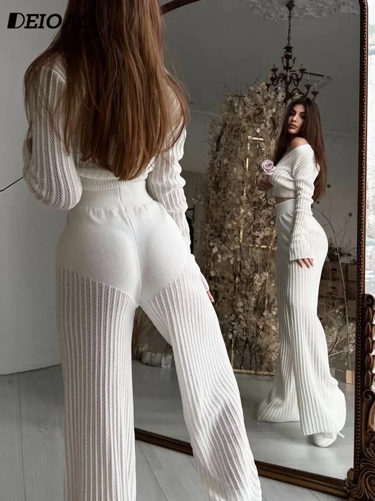 Deioao Knitted Elastic Solid Color 2Piece Autumn 2023 Women Long Sleeved VNeck Exposed Navel Top Bodycon High Waist Pants 241108