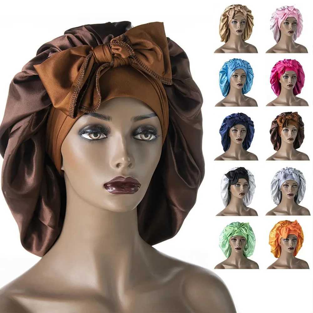 Fashionable womens satin wide sleep cap night sleep cap with long string hair care cap night cap elastic cap shower headscarf W241113