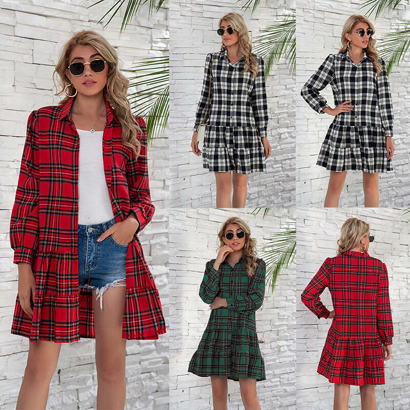 2024 Spring/summer Cake Dress Checkered Shirt Long Sleeve Single Breasted Womens Wear Fashion Floral Dress Waist Self-cultivation Bifurcated Shor