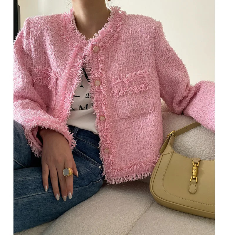 Pinde à épaule à fourrure rose en tweed veste Blazer Boucle Crop Crop pour femmes printemps 241113