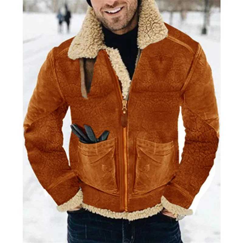 Mens Pocket Plush Warm Coat Autumn New Leather and Fur Coat Mens Fashion Long Sleeve Zipper Collar Coat W241113