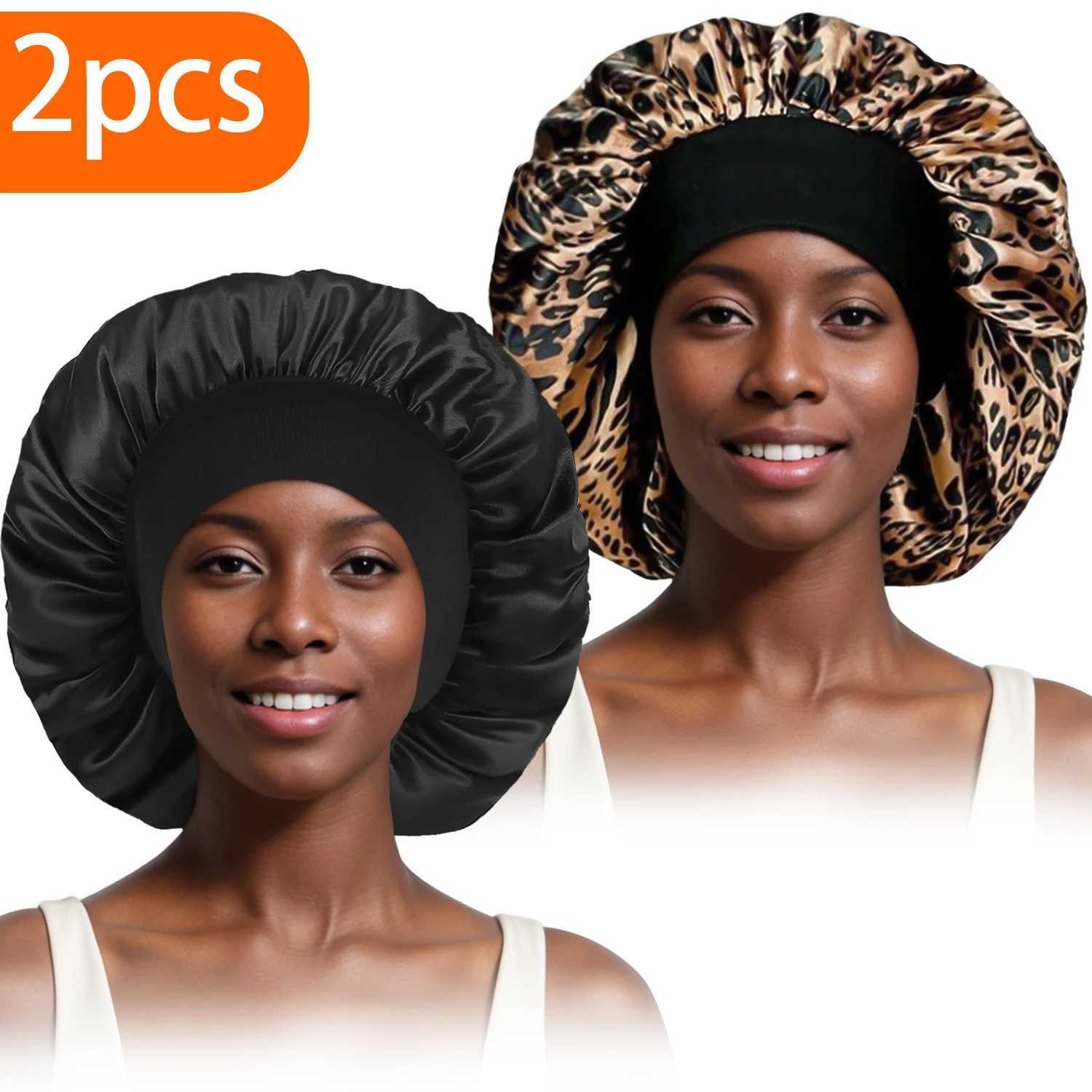 2 womens fashionable hats wide brimmed elastic hats casual silk smooth coloring suitable for curly straight hair sleeping hats W241113