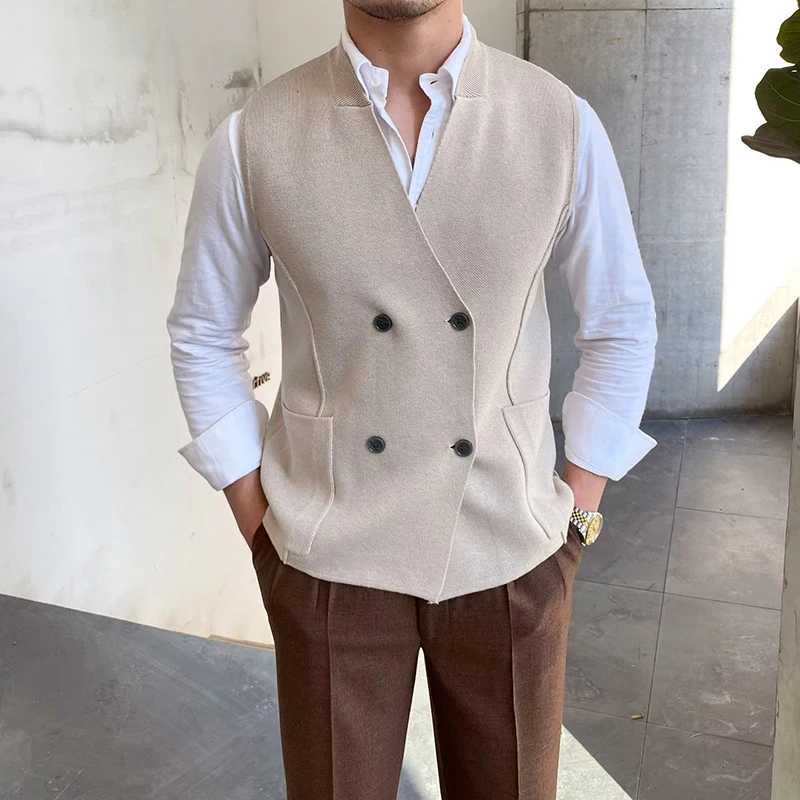 2024 mens sleeveless V-neck knitted business sweater autumn solid color single chest vest jacket mens ultra-thin vest W241113