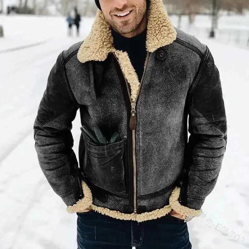 Winter thick mens jacket warm artificial leather warm jacket fashionable lapel contrasting color mens suede fur one-piece jacket W241113
