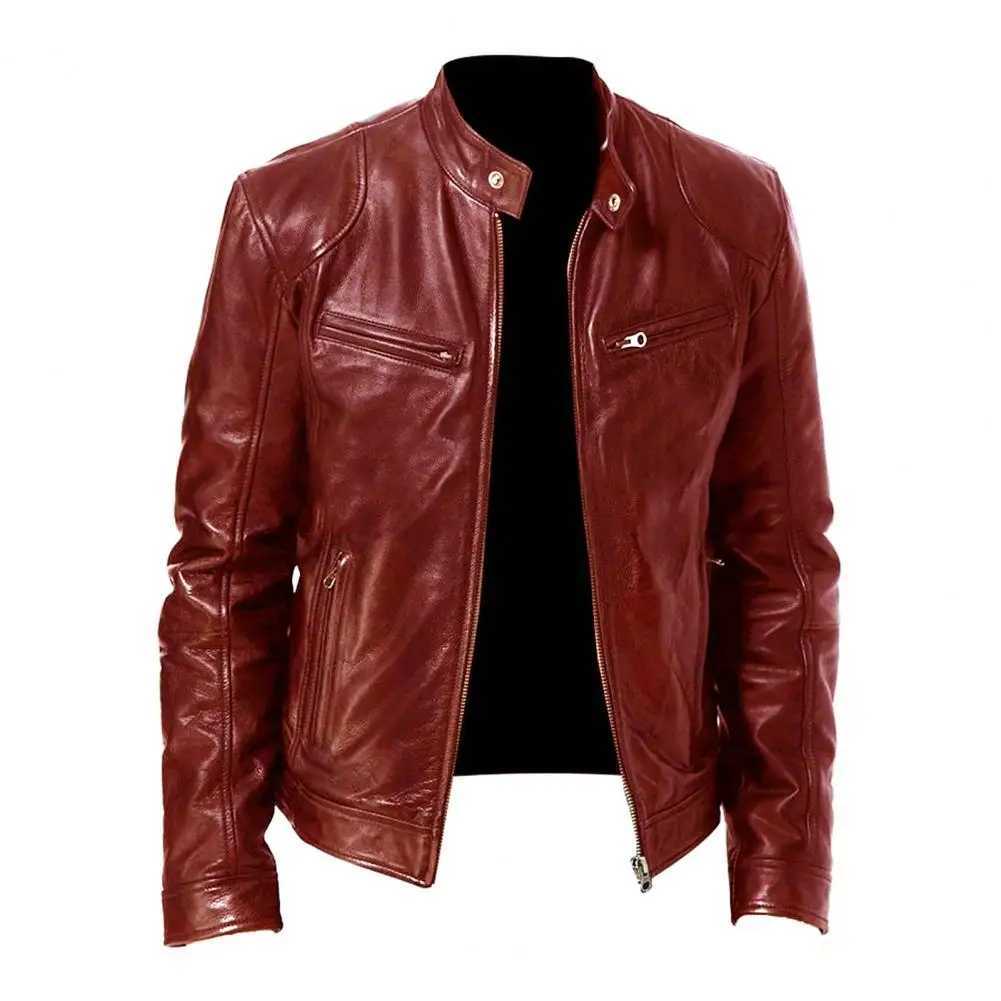Fashionable mens leather jacket ultra-thin fit stand collar PU jacket mens windproof motorcycle lapel diagonal zipper jacket mens 2024 W241113