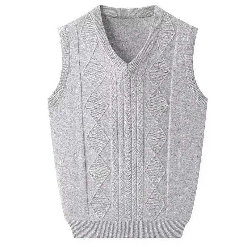 Mens autumn solid color floral V-neck thread sleeveless knitted vest casual fashion top W241113