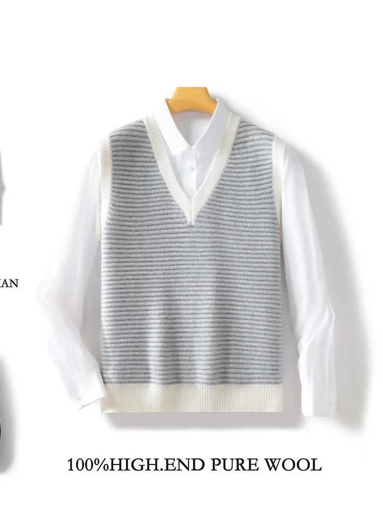 Mens wool sweater V-neck vest with zipper colored striped cashmere 00% Merino wool knit intelligent casual sleeveless vest W241113