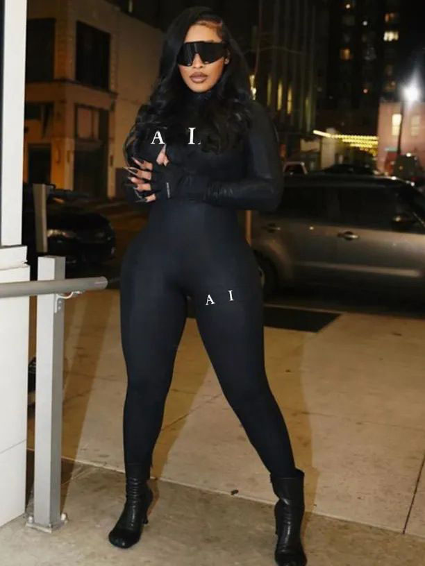 Women's Jumpsuits Rompers Womens Designer Jogger Jumpsuit Printed Long Sleeve Tights - Black Fitness Casual Wear S25321-image-1049960895