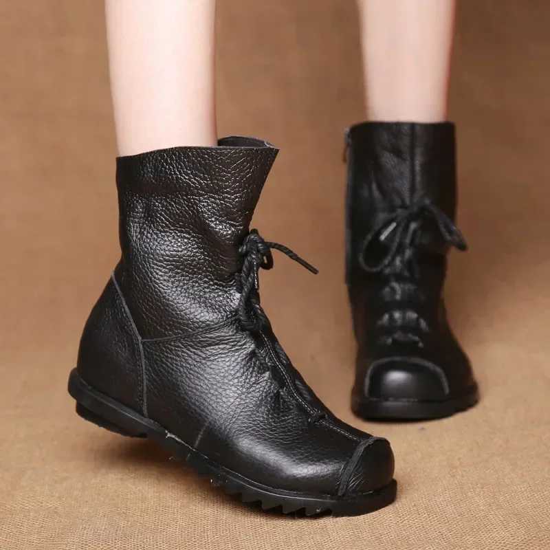 High Quality Lace flat retro shoes suitable for warm leather warm short boots winter round toes blue ankle boots warm N Slip Botas De Mujer T2411