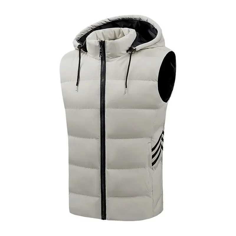 Winter mens sleeveless outdoor casual warm vest mens waterproof detachable hooded wool pocket zipper fashionable vest mens jacket 2024 W241113