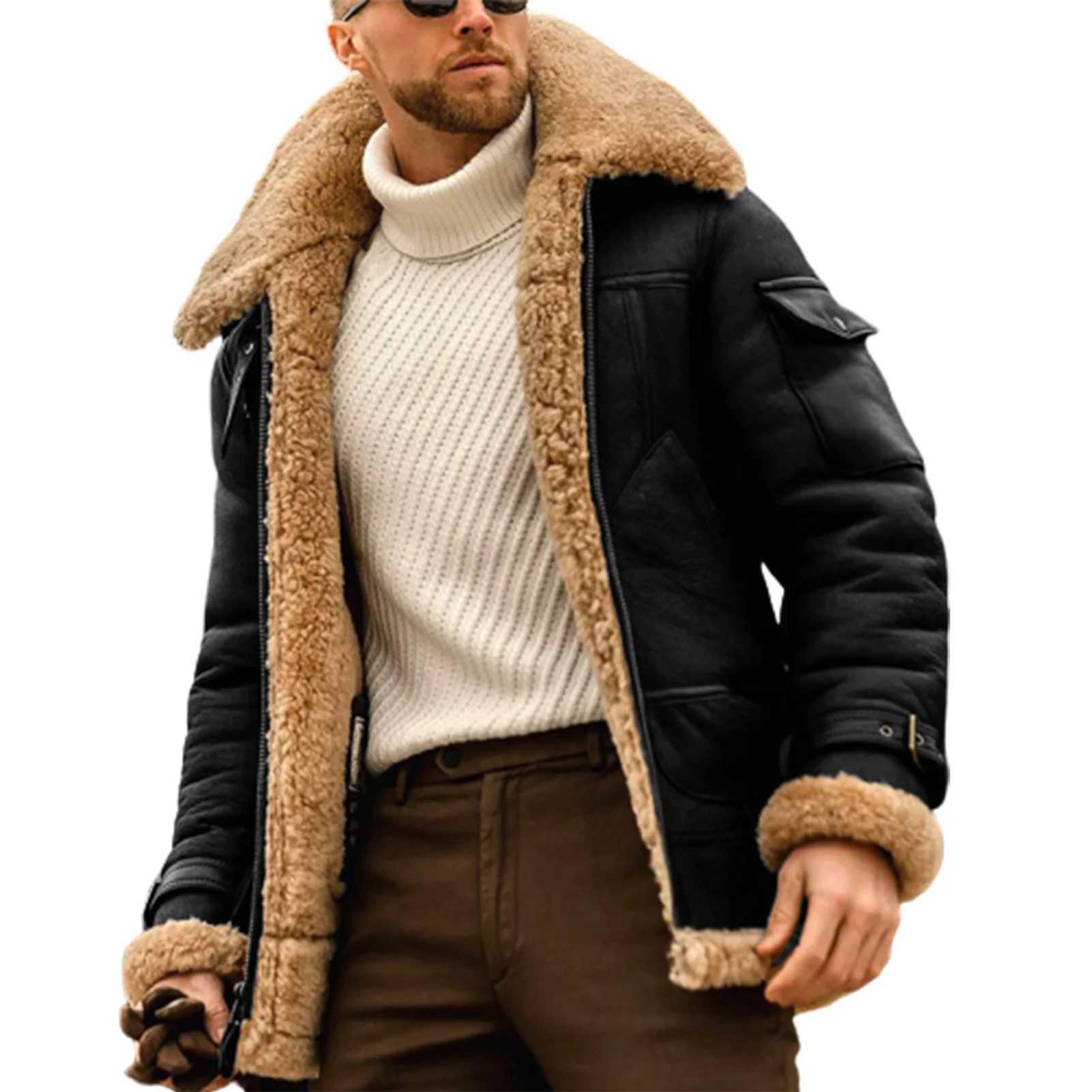 Mens warm leather jacket with a unique and fashionable fur suede collar is an ideal gift for extreme winter W241113