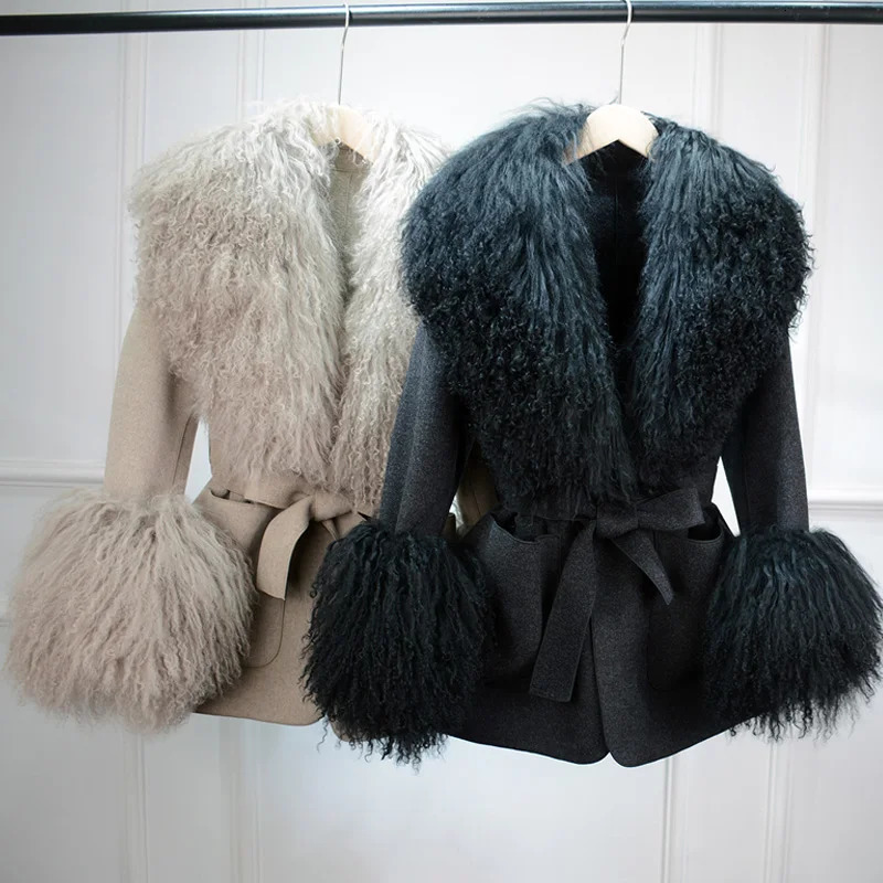 Janveny 2024 Veste en cachemire féminine d'hiver avec véritable collier de fourrure de mouton mongol naturel et poignets à lacets en laine Trench