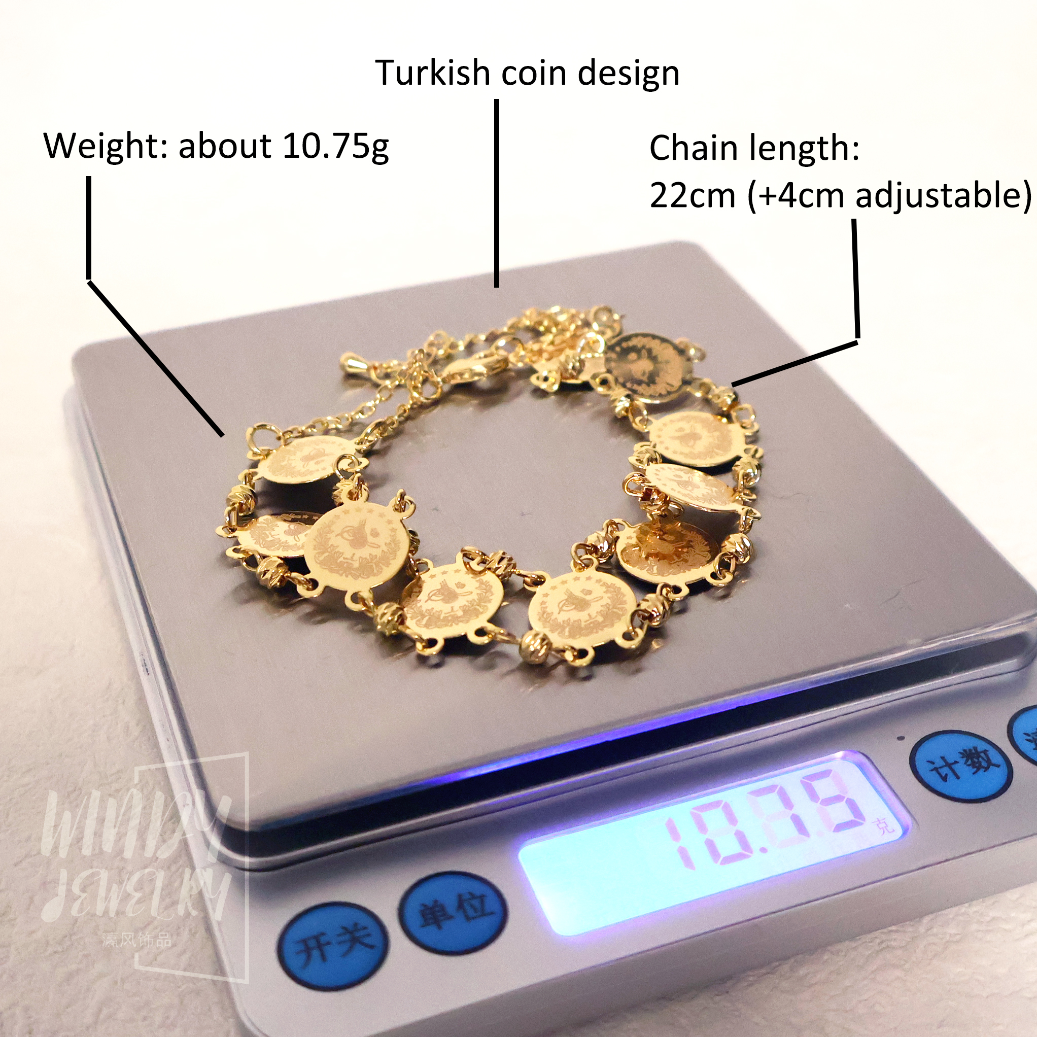 Windy Jewelry Turkish Lira Coin Bracelet 18k Gold Plated Muslim Islamic Chain Bangle Dubai Arabic Woman Party Accessories Gift