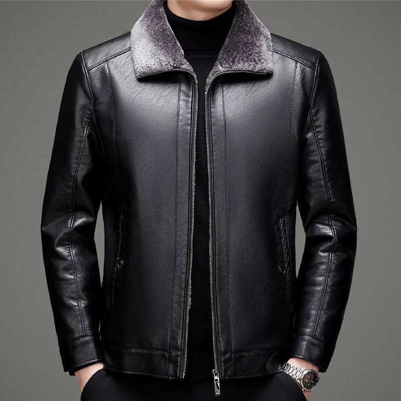 Veste en cuir de moto à revers épaissis à la fourrure décontractée pour hommes hivernaux