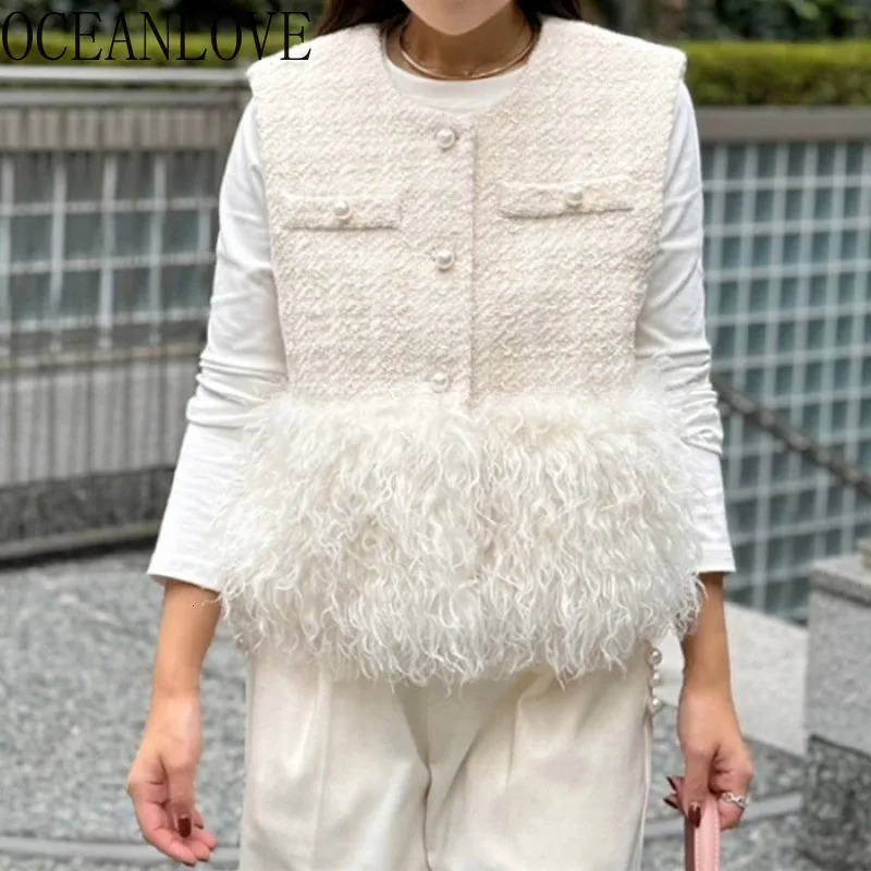 OceanLOVE Tweed faux fur patch jacket womens Japanese style solid elegant short vest retro Chaquetas Mujer 241111